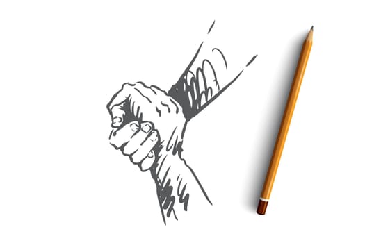 Support, help, friendship, together, people concept. Hand drawn human hands hold each other concept sketch. Isolated vector illustration.