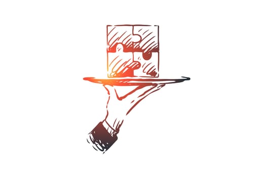 Results, puzzle, connection, solution, teamwork concept. Hand drawn puzzle completed, symbol of result concept sketch. Isolated vector illustration.