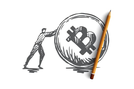 Transactions, payment, finance, digital, electronic concept. Hand drawn businessman and cryptocurrency coin concept sketch. Isolated vector illustration.