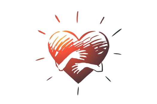 Sincerity, love, care, hand, heart concept. Hand drawn hands hug heart concept sketch. Isolated vector illustration.