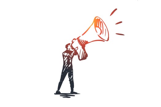 Public, advertising, communication, pr, media concept. Hand drawn pr manager with megaphone concept sketch. Isolated vector illustration.