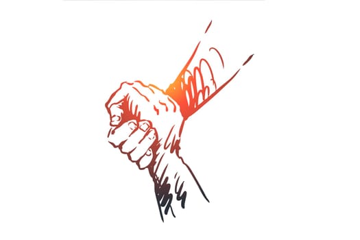 Support, help, friendship, together, people concept. Hand drawn human hands hold each other concept sketch. Isolated vector illustration.