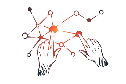 Technology, science, communication, digital, interface concept. Hand drawn human hands and screen connection concept sketch. Isolated vector illustration.