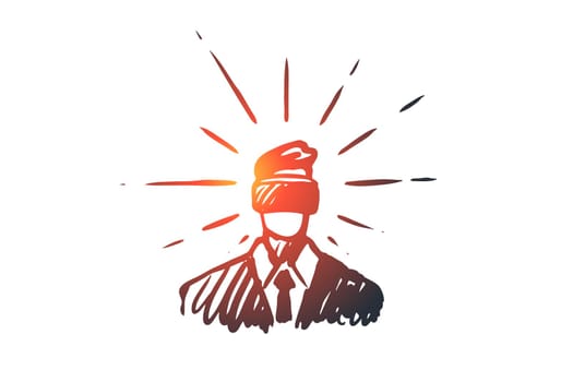 Technology, reality, glasses, game, virtual concept. Hand drawn man in virtual glasses concept sketch. Isolated vector illustration.