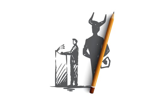 Politician, debate, elections vector concept. Politician speaking from podium with devil shadow behind. People with signs in hands taking part in rally. Hand drawn sketch isolated illustration