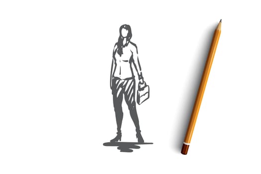 Businesswoman, female, suit, job, office concept. Hand drawn businesswoman in suit with suitcase concept sketch. Isolated vector illustration.