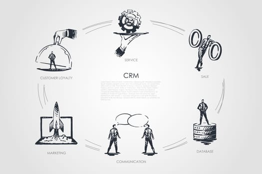 CMR, sale, data base, communication, marketing, customer loyality vector set