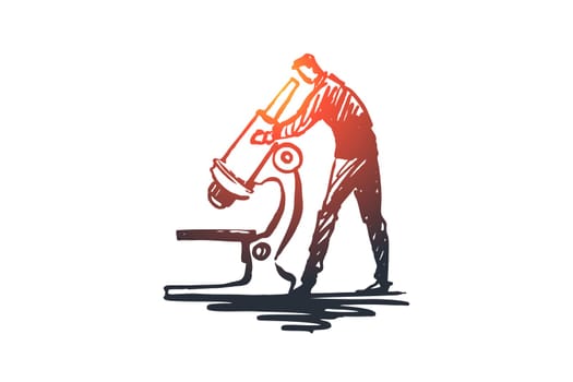 User research, magnifying, exploration, tool, inspect concept. Hand drawn explorer and microscope concept sketch. Isolated vector illustration.