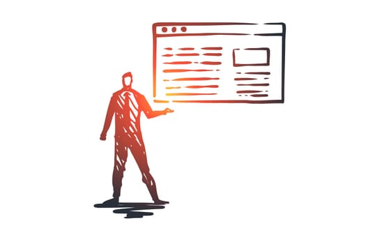 Traffic, website, internet, technology, digital concept. Hand drawn manager presents a traffic report concept sketch. Isolated vector illustration.