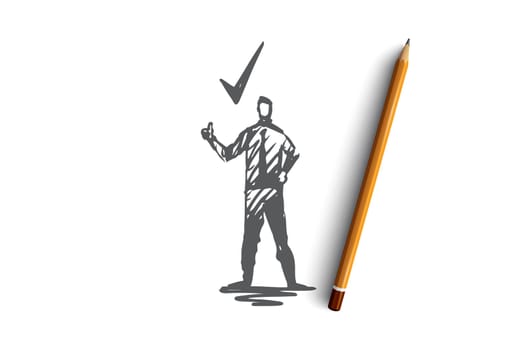 Approval, check, certified, tick, stamp concept. Hand drawn person and symbol of approval concept sketch. Isolated vector illustration.