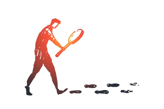 Search, magnifier, detective, glass, internet concept. Hand drawn person searching with magnifying glass concept sketch. Isolated vector illustration.