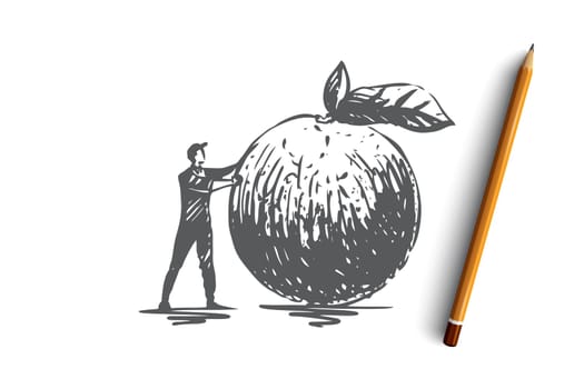 Apple, food, fruit, fresh, organic concept. Hand drawn man and big apple concept sketch. Isolated vector illustration.