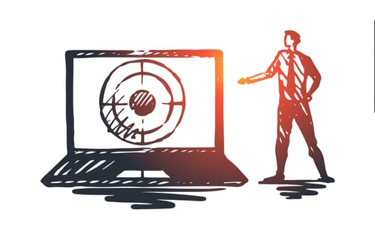 Seo, marketing, optimization, search, media concept. Hand drawn seo manager and laptop with target concept sketch. Isolated vector illustration.