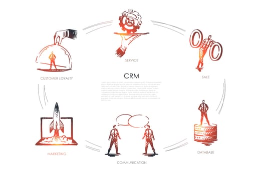 CMR, sale, data base, communication, marketing, customer loyality vector set