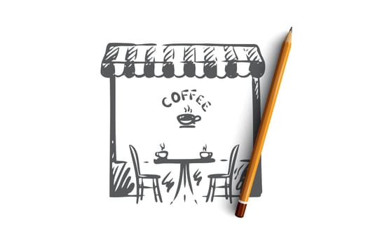 Coffee, shop, cafe, cup, drink concept. Hand drawn symbol of city coffee shop concept sketch. Isolated vector illustration.