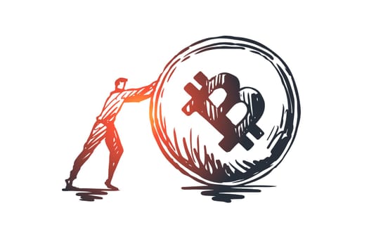 Transactions, payment, finance, digital, electronic concept. Hand drawn businessman and cryptocurrency coin concept sketch. Isolated vector illustration.