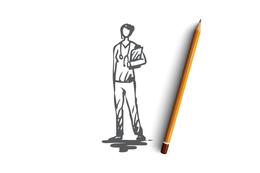 Doctor, health, medicine, clinic, medic concept. Hand drawn female doctor dressed in uniform in clinic concept sketch. Isolated vector illustration.