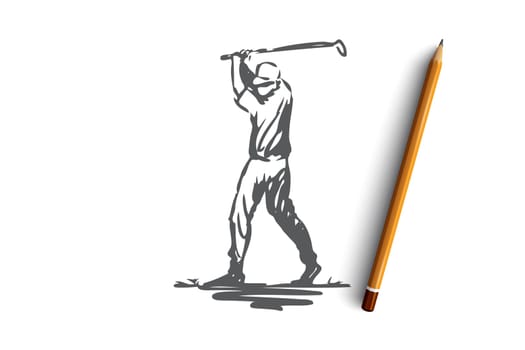 Golf, game, training, sport, golfing concept. Hand drawn golf player in action concept sketch. Isolated vector illustration.