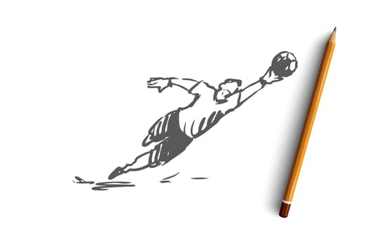 Goalkeeper, football, game, player, team concept. Hand drawn goalkeeper player in action concept sketch. Isolated vector illustration.