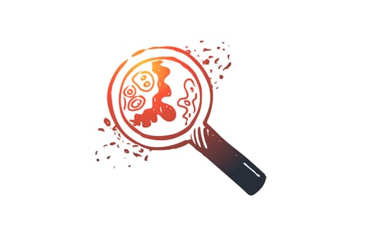 Biology, science, cell, bacteria, magnifying glass concept. Hand drawn bacteria and cells under magnifying glass concept sketch. Isolated vector illustration.