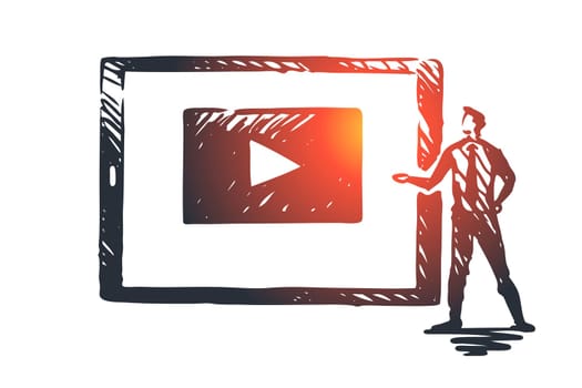 Watch our video, internet, play, media, web concept. Hand drawn screen with playing video concept sketch. Isolated vector illustration.