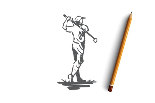 Golf, man, ball, game, sport concept. Hand drawn man playing golf outdoor concept sketch. Isolated vector illustration.