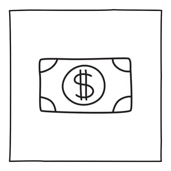 Doodle dollar bill icon or logo, hand drawn with thin black line. Isolated on white background. Vector illustration