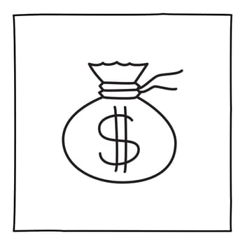 Doodle money bag icon or logo, hand drawn with thin black line. Isolated on white background. Vector illustration