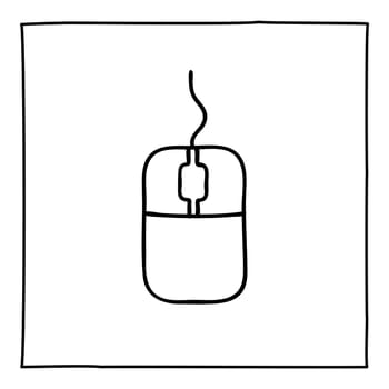 Doodle computer mouse icon or logo, hand drawn with thin black line. Isolated on white background. Vector illustration