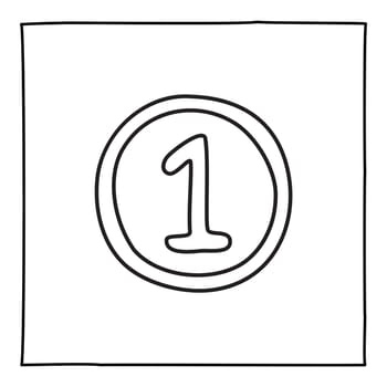 Doodle medal badge with ribbon and number 1 icon hand drawn with thin black line. Isolated on white background. Vector illustration