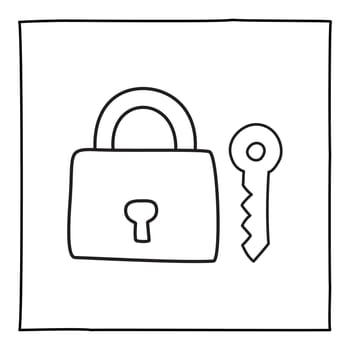 Doodle key and padlock icon or logo, hand drawn with thin black line. Graphic design element isolated on white background. Vector illustration