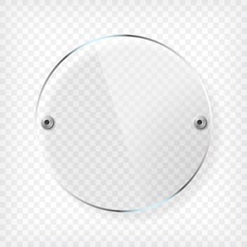 Transparent round glass plate. See through plastic banner with reflection, mounts and shadow on checkered background. Vector illustration