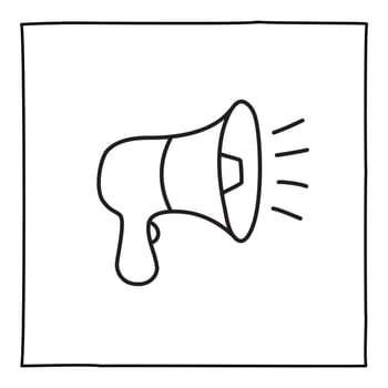 Doodle loudspeaker icon or logo, hand drawn with thin black line. Isolated on white background. Vector illustration
