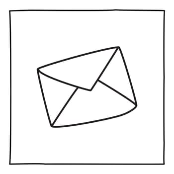 Doodle letter envelope icon or logo, hand drawn with thin black line. Isolated on white background. Vector illustration