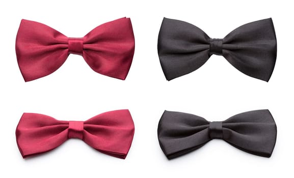 Red and black bow ties set in two different views. Isolated on white background