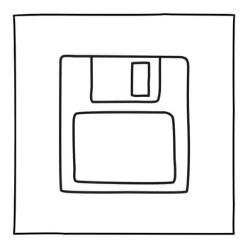 Doodle diskette save icon or logo, hand drawn with thin black line. Isolated on white background. Vector illustration