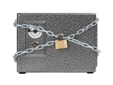 Closed safe, wrapped in chain. Keeping the money safe concept.
