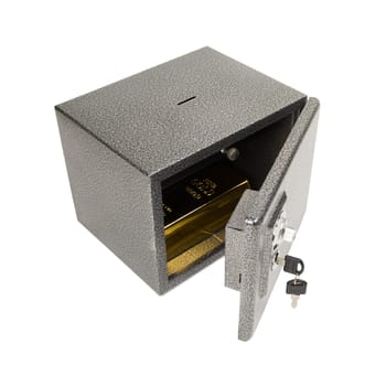 Opened safe with golden piece inside. Keeping the finances, money, gold safe concept. Isolated on white background
