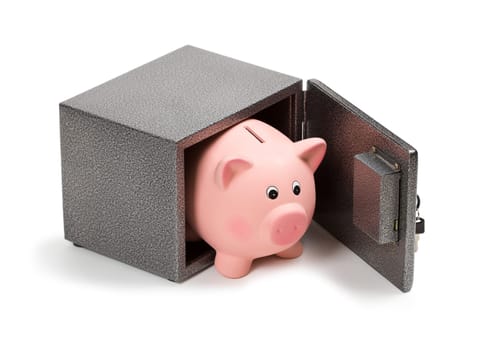 Pink ceramic piggy bank in a safe. Isolated on white background
