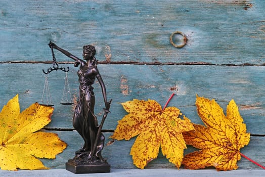 Liability for accidents with leaves in autumn. Justitia figure with leaves