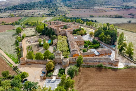 Panoramic aerial view of Veruela Abbey Royal Monastery of Santa Maria de Veruela, Vera de Moncayo, Zaragoza, Aragon, Spain