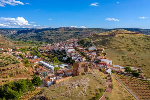 Aerial panoramic view of Alcaraz Albacete Spain, from the aqueduct arch