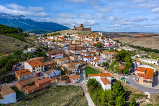 Trasmoz, Spain - November 6, 2021: Panoramic aerial view of Trasmoz Castle, 13th century medieval fortress, Tarazona region, Zaragoza province, Spain.