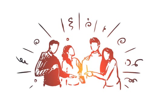 Watching online together vector concept. Group of friends looking at phone screen together. Hand drawn sketch isolated illustration