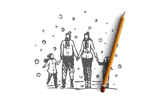 Family, togetherness, winter, Christmas happiness vector concept. Parents and two children walking on snowy weather in winter and holding hands. Hand drawn sketch isolated illustration