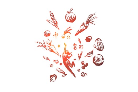 Vegetarianism, vegetarian healthy lifestyle, clean eating vector concept. Woman flying up surrounded by fresh vegetable and fruit ingredients. Hand drawn sketch isolated illustration