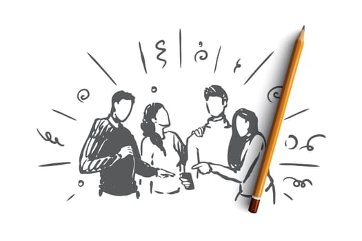 Watching online together vector concept. Group of friends looking at phone screen together. Hand drawn sketch isolated illustration