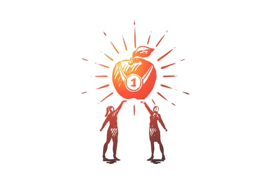 Vegetarianism, vegetarian healthy lifestyle, clean eating vector concept. Two women reaching for shiny big apple with fisrt prize medal. Hand drawn sketch isolated illustration