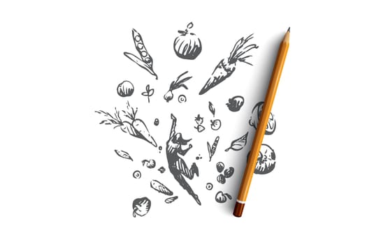 Vegetarianism, vegetarian healthy lifestyle, clean eating vector concept. Woman flying up surrounded by fresh vegetable and fruit ingredients. Hand drawn sketch isolated illustration
