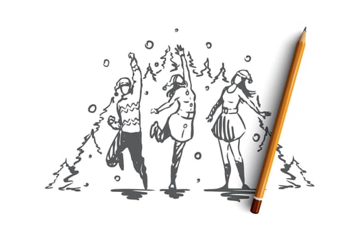 Christmas, New Year, celebrating with friends vector concept. Group of friends celebrating holiday and having fun together. Hand drawn sketch isolated illustration